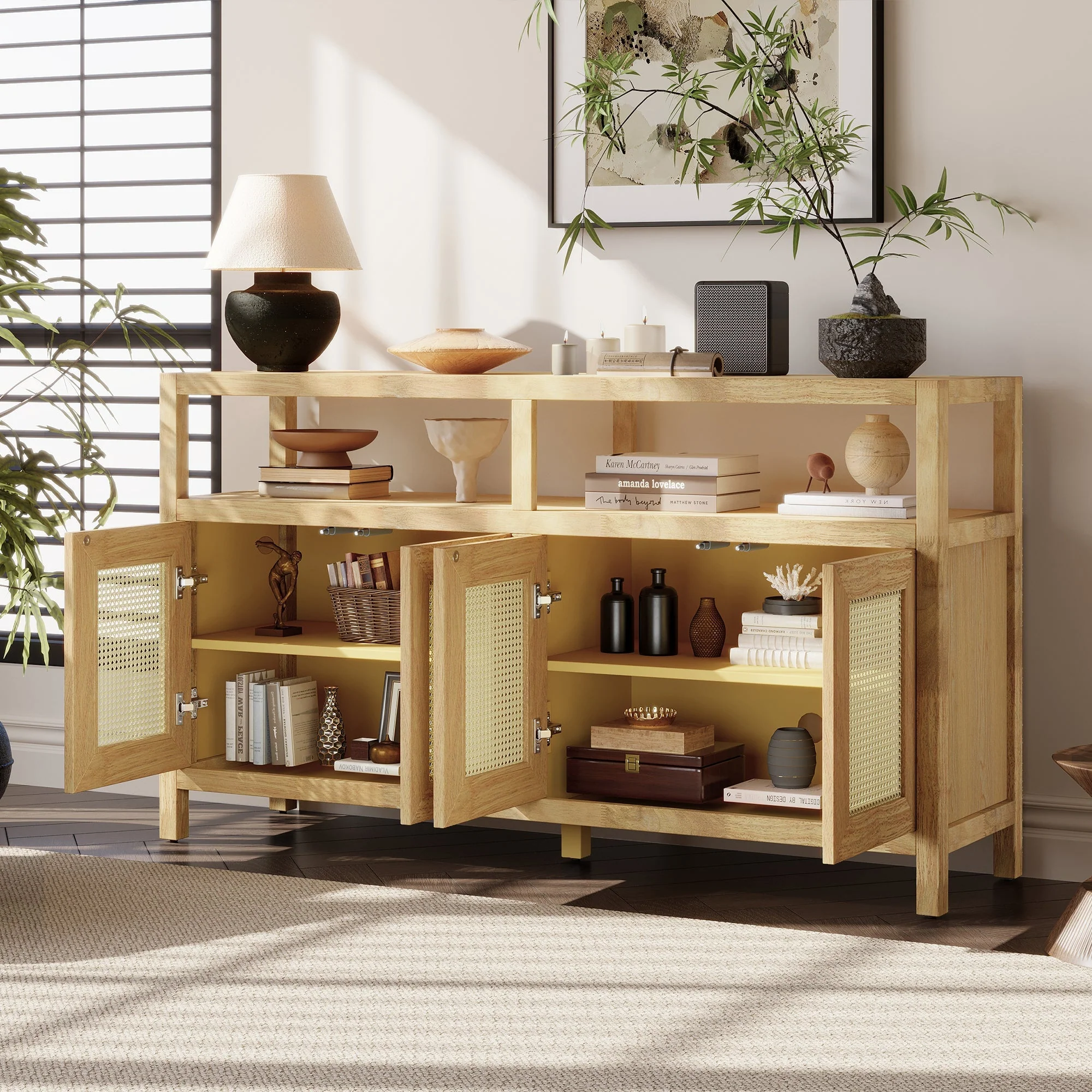 Bohemian Style Rattan Buffet Storage Cabinet with Solid Wood Frame - Image 4