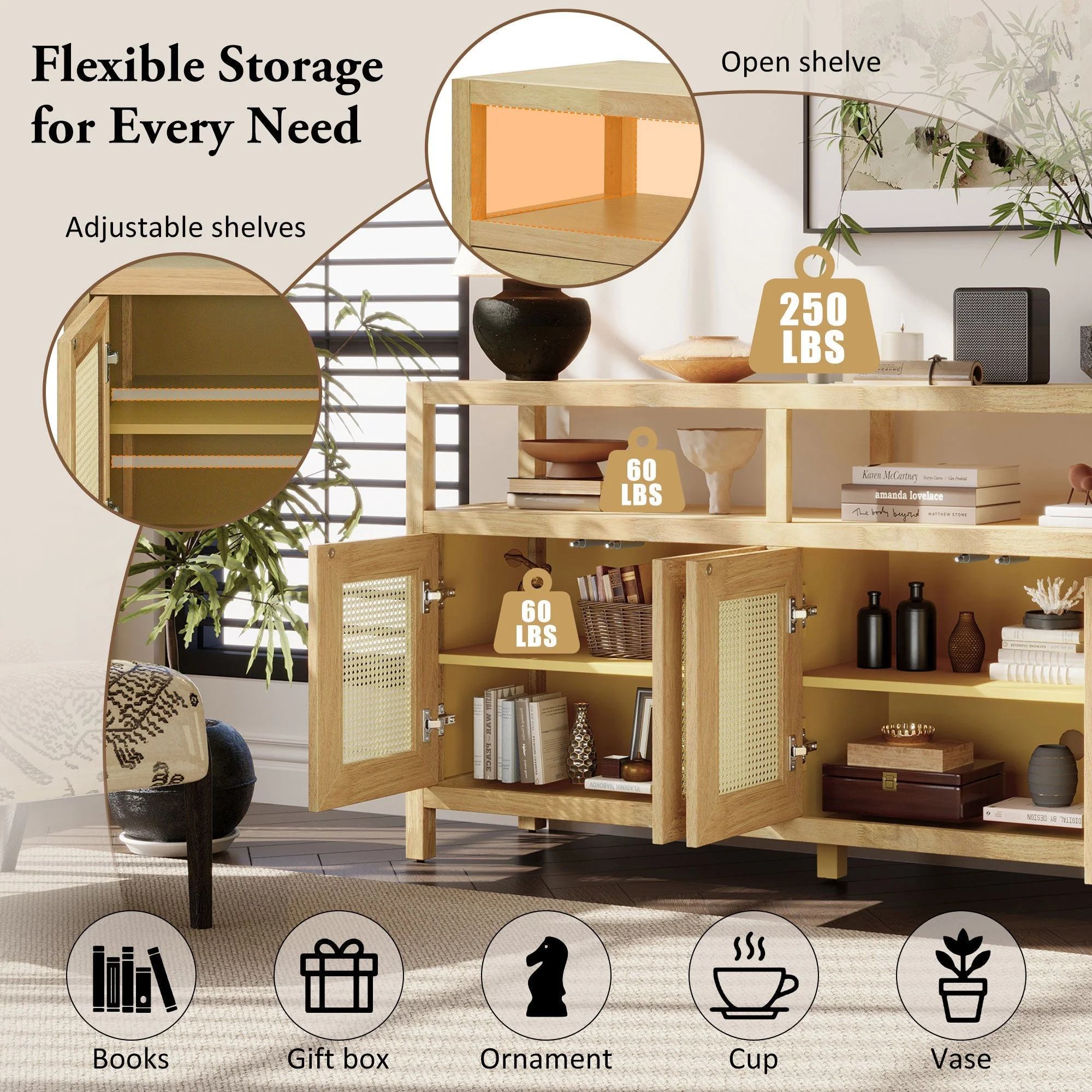 Bohemian Style Rattan Buffet Storage Cabinet with Solid Wood Frame - Image 6