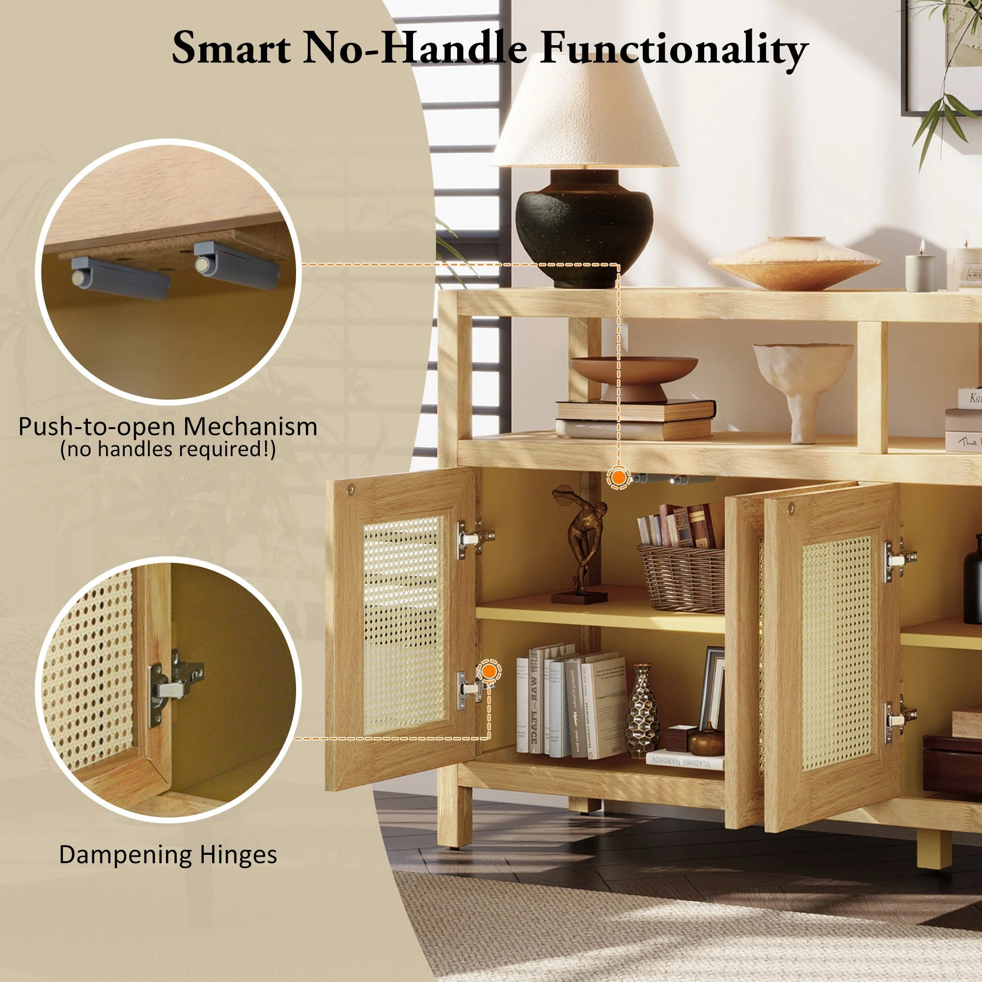 Bohemian Style Rattan Buffet Storage Cabinet with Solid Wood Frame - Image 7