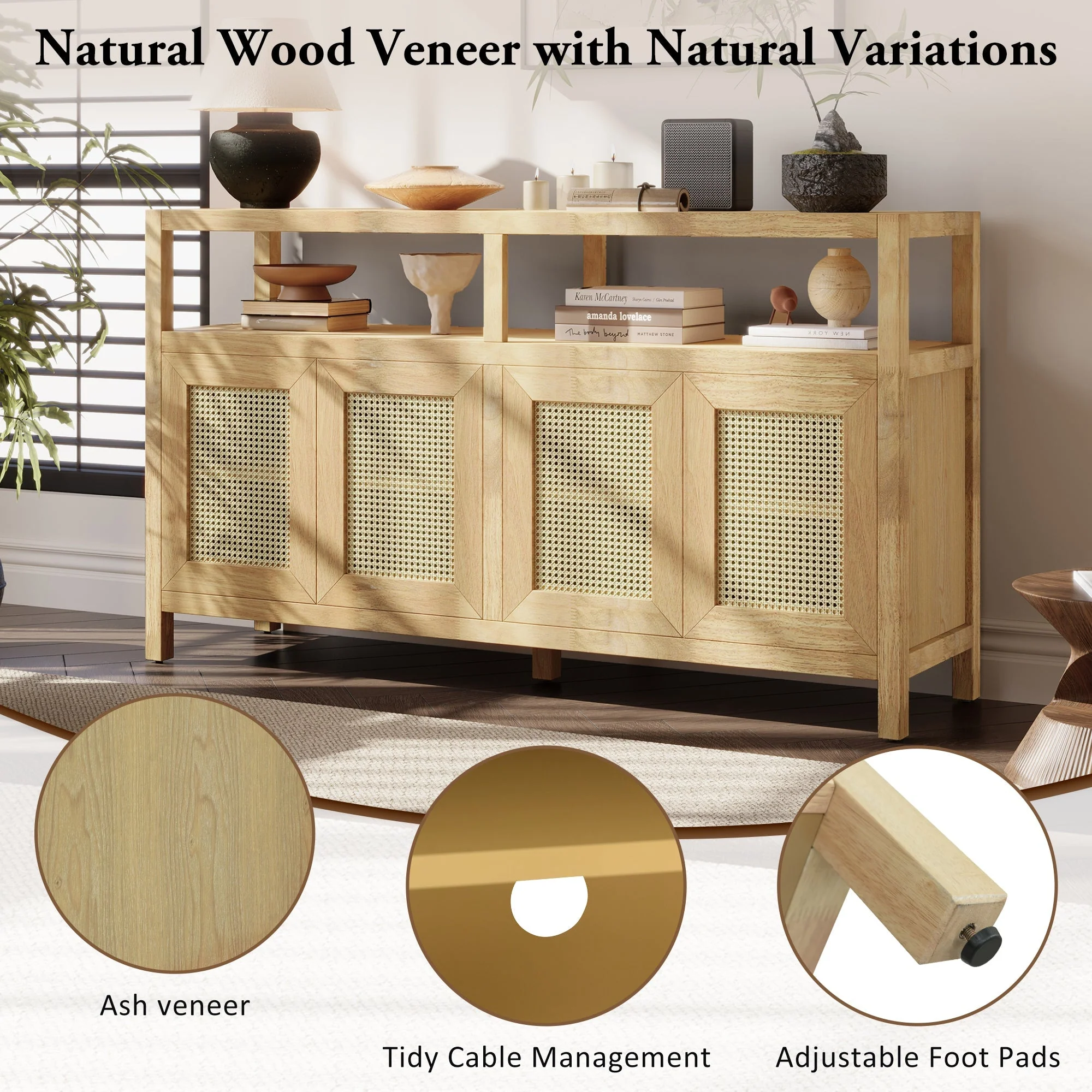 Bohemian Style Rattan Buffet Storage Cabinet with Solid Wood Frame - Image 8
