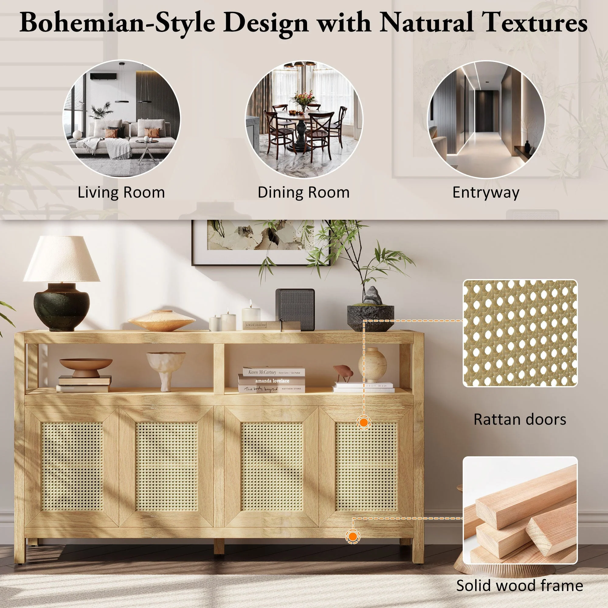 Bohemian Style Rattan Buffet Storage Cabinet with Solid Wood Frame - Image 9