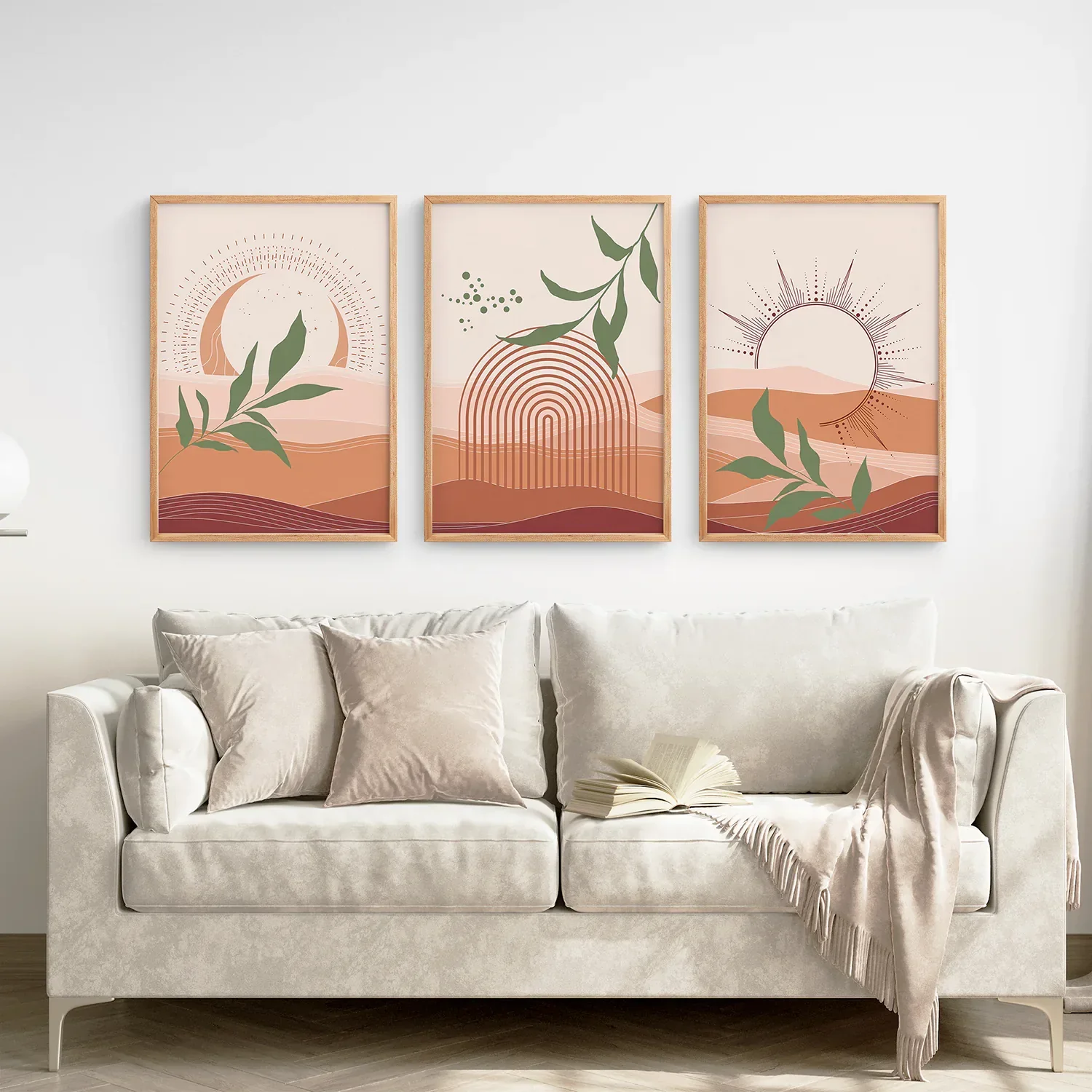 Boho Abstract Wall Art Set of 3 Prints. Green Leaves - Image 2