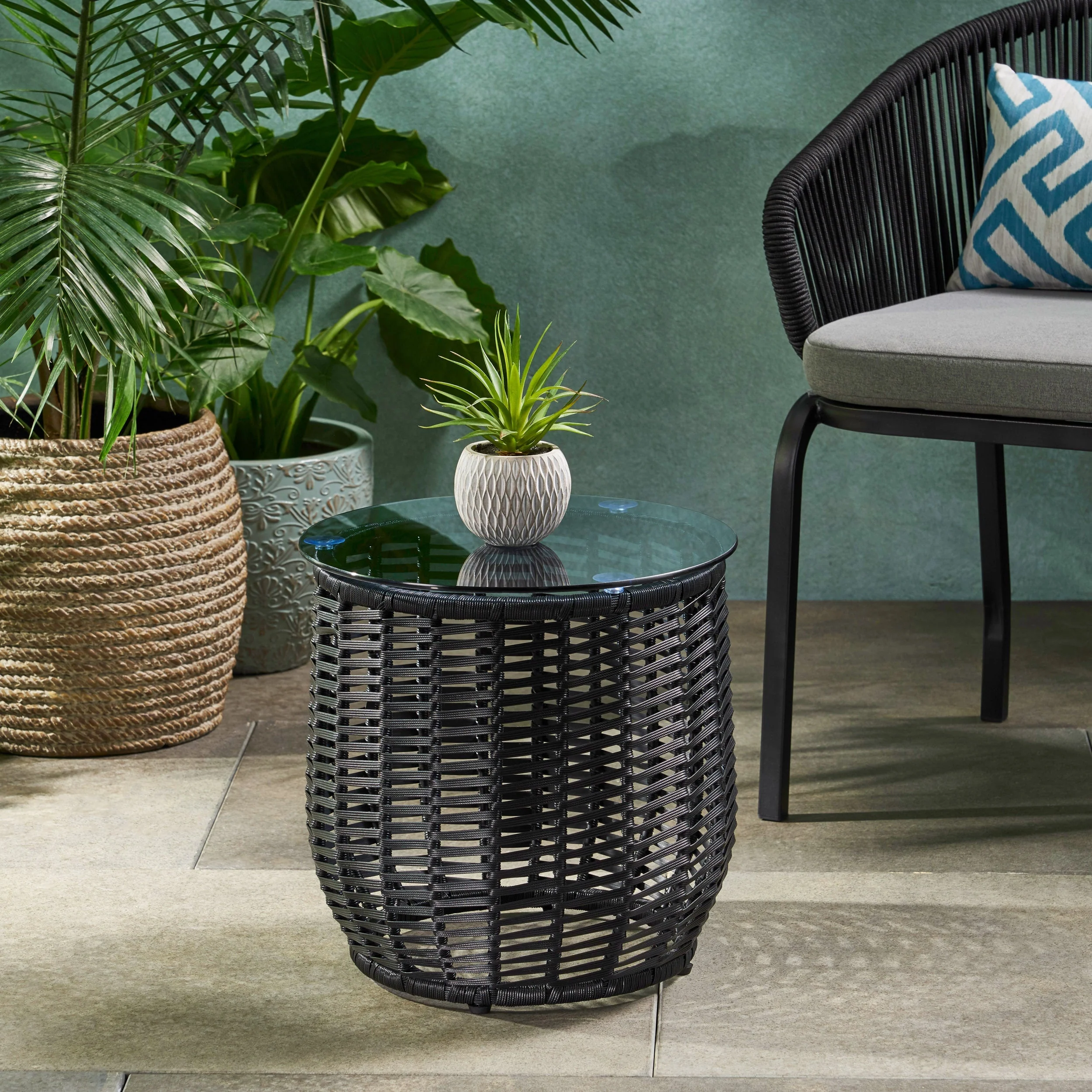 Boho ARIAS Side Table with Tempered Glass Top and Rattan Wrap, Black, 15.5 inches - Image 2