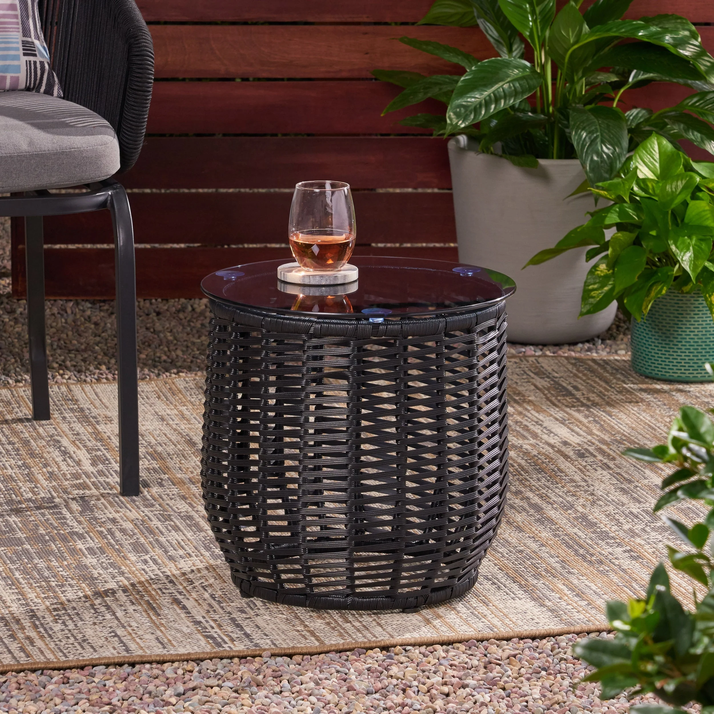 Boho ARIAS Side Table with Tempered Glass Top and Rattan Wrap, Black, 15.5 inches - Image 4