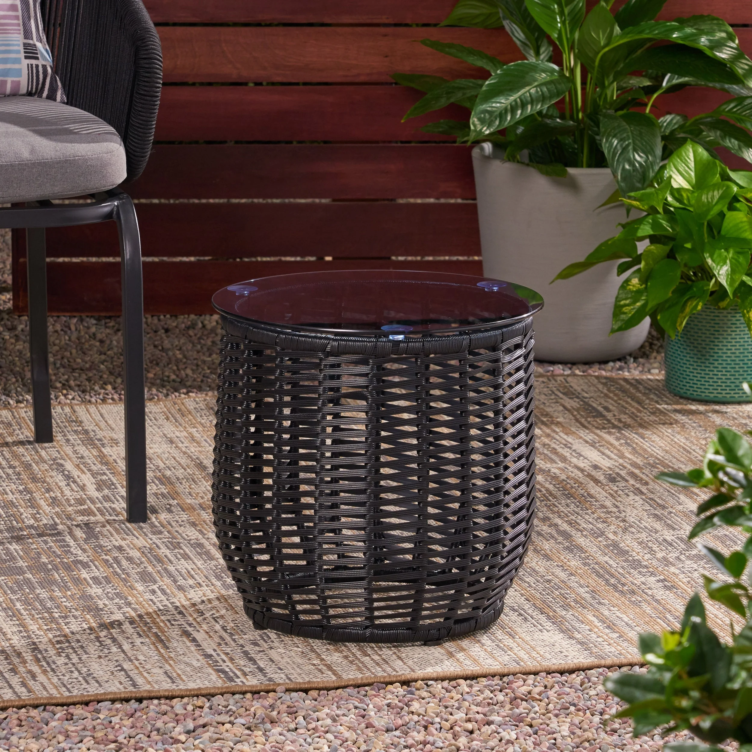 Boho ARIAS Side Table with Tempered Glass Top and Rattan Wrap, Black, 15.5 inches - Image 5