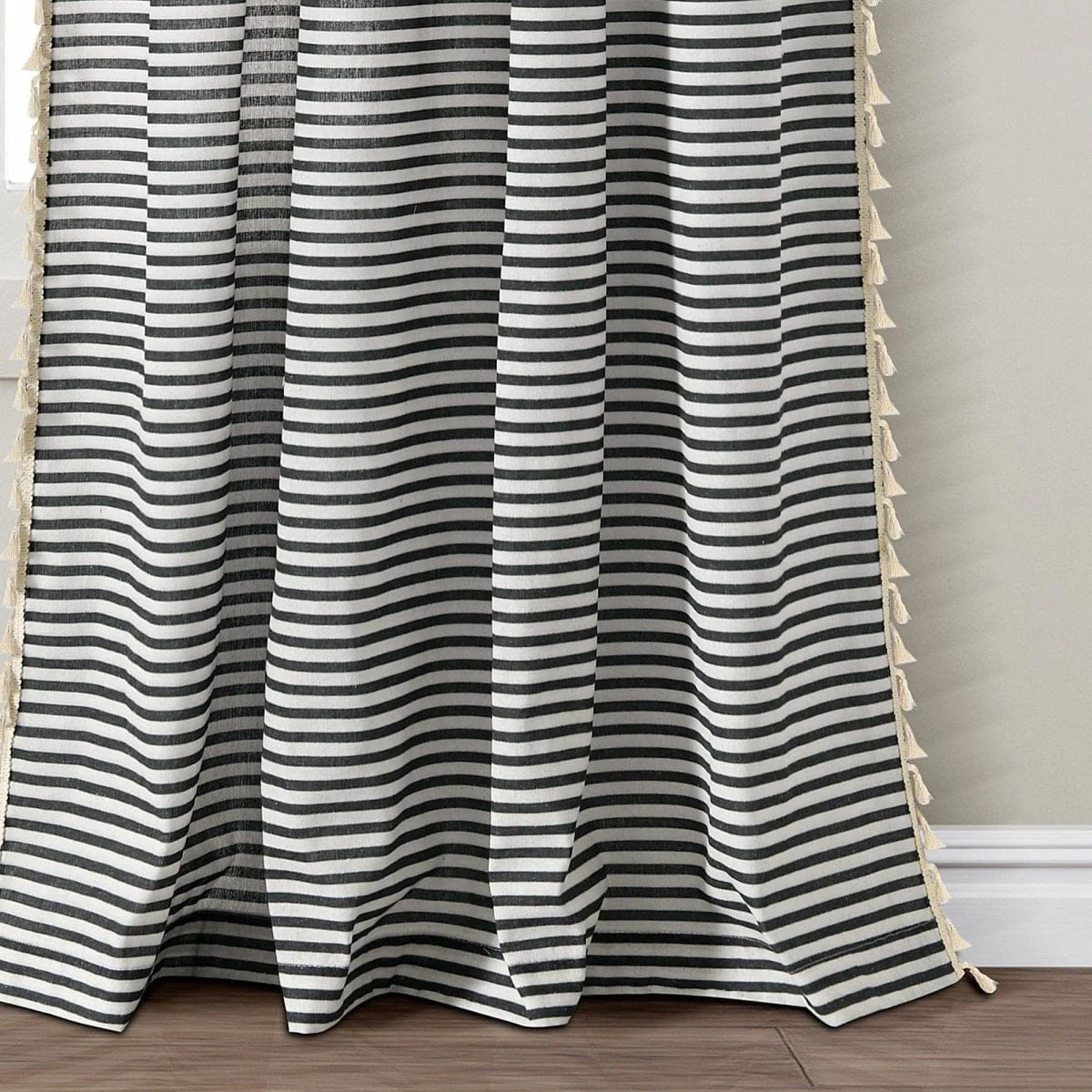 Boho Coastal Horizontal Ticking Stripe Tassel Window Curtain Panel Set - Image 11