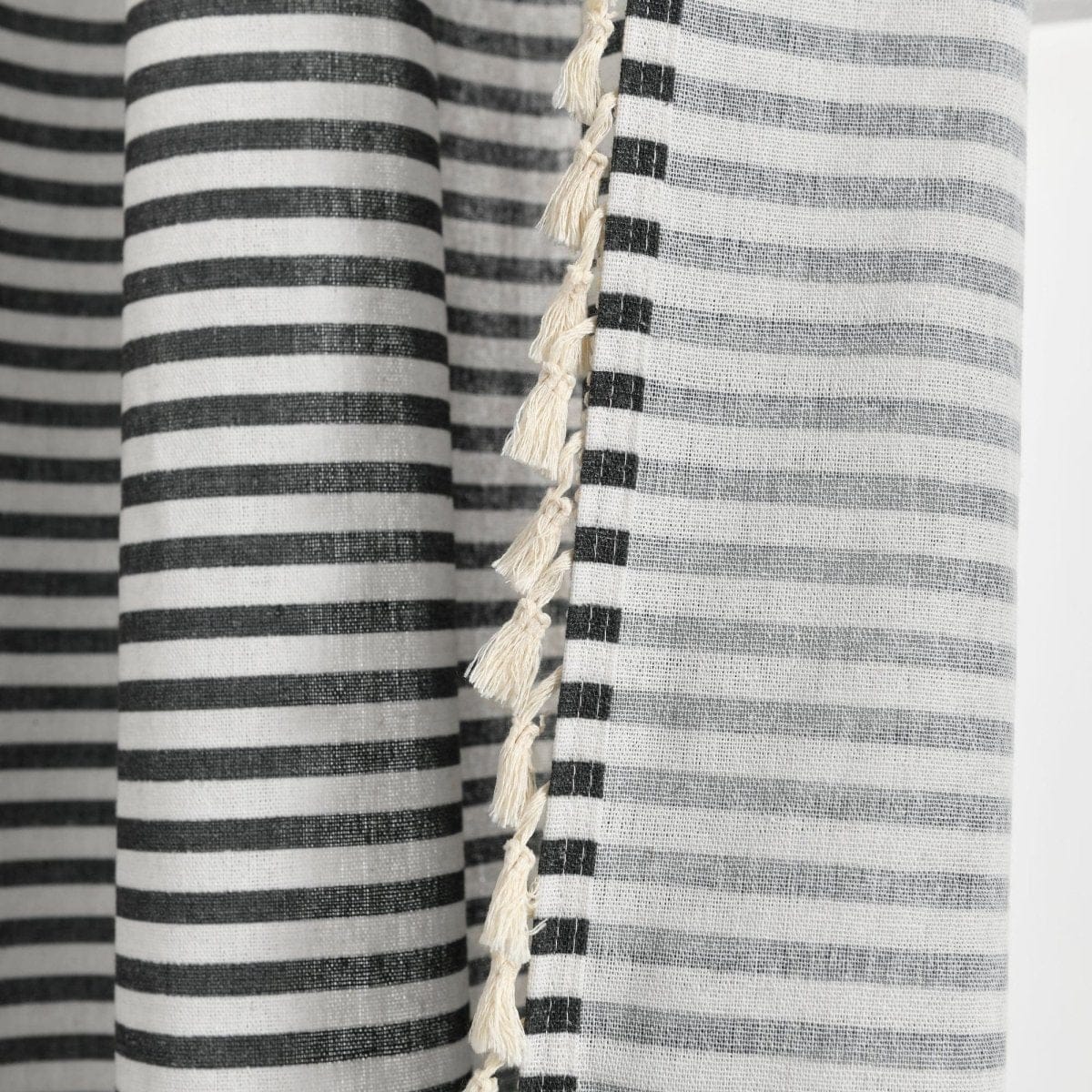 Boho Coastal Horizontal Ticking Stripe Tassel Window Curtain Panel Set - Image 12