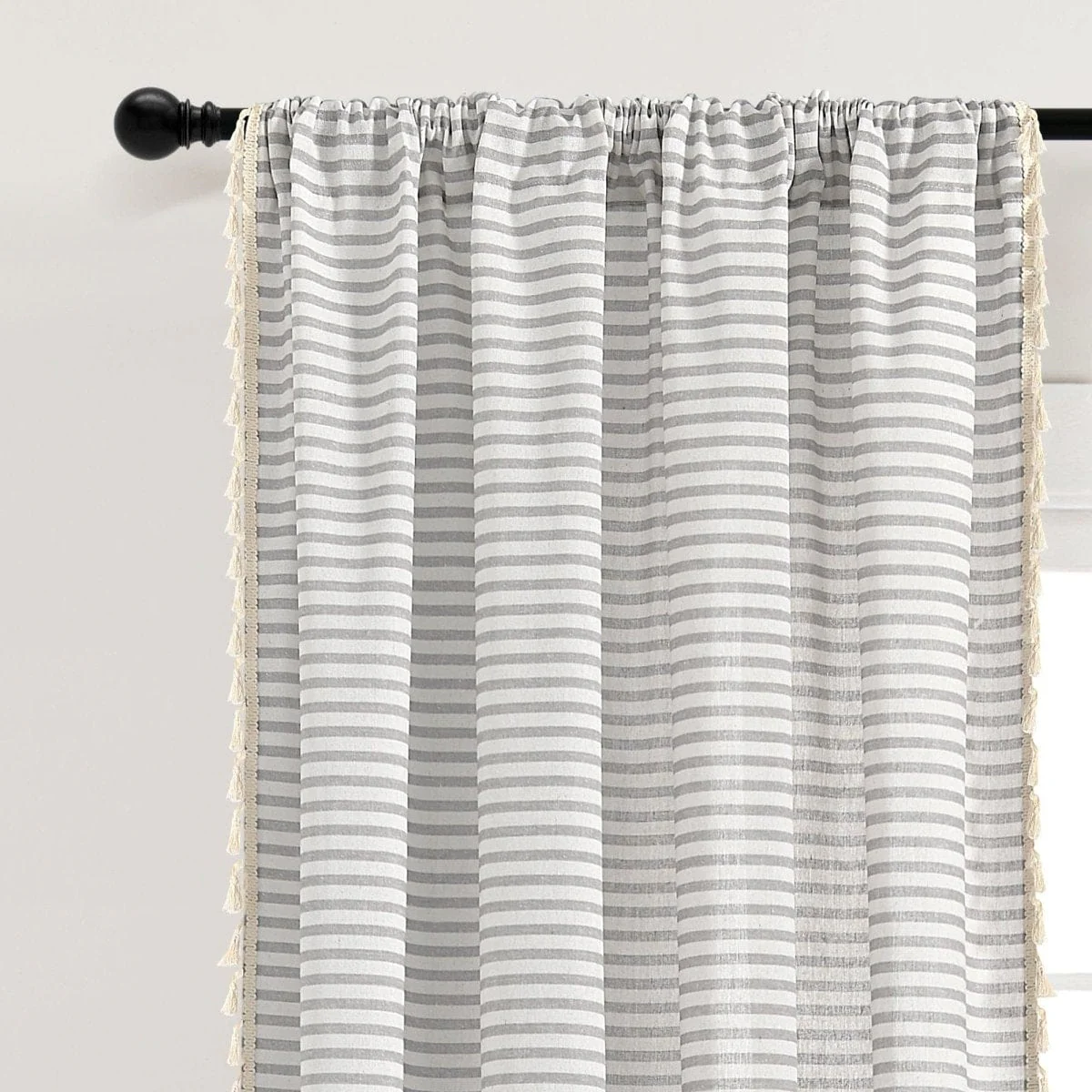 Boho Coastal Horizontal Ticking Stripe Tassel Window Curtain Panel Set - Image 13