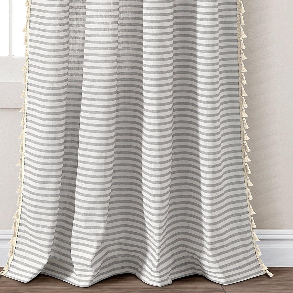 Boho Coastal Horizontal Ticking Stripe Tassel Window Curtain Panel Set - Image 15