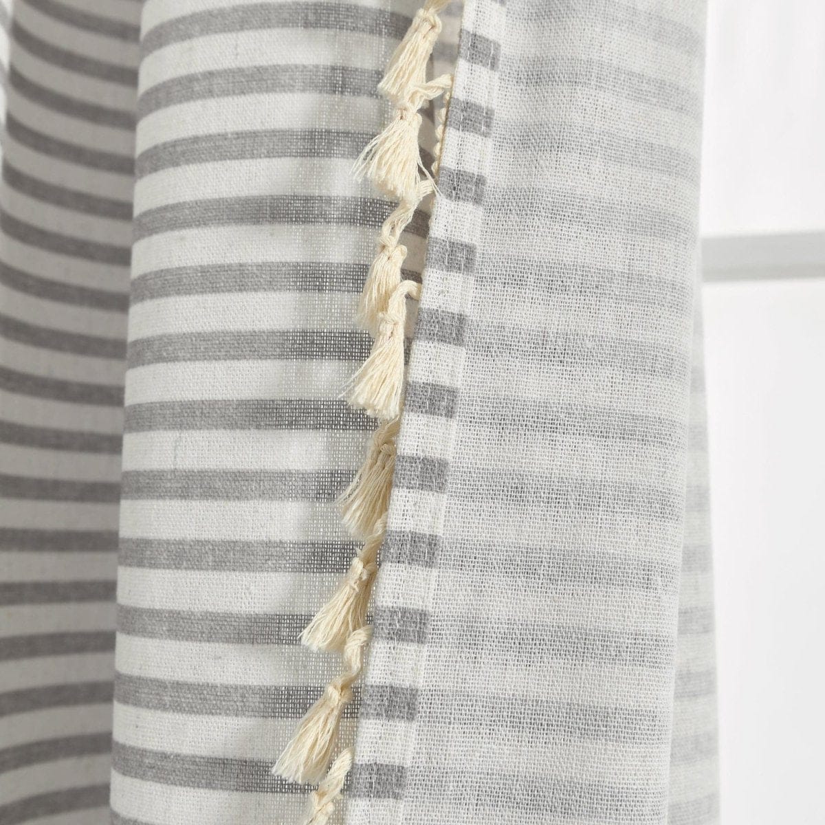 Boho Coastal Horizontal Ticking Stripe Tassel Window Curtain Panel Set - Image 16