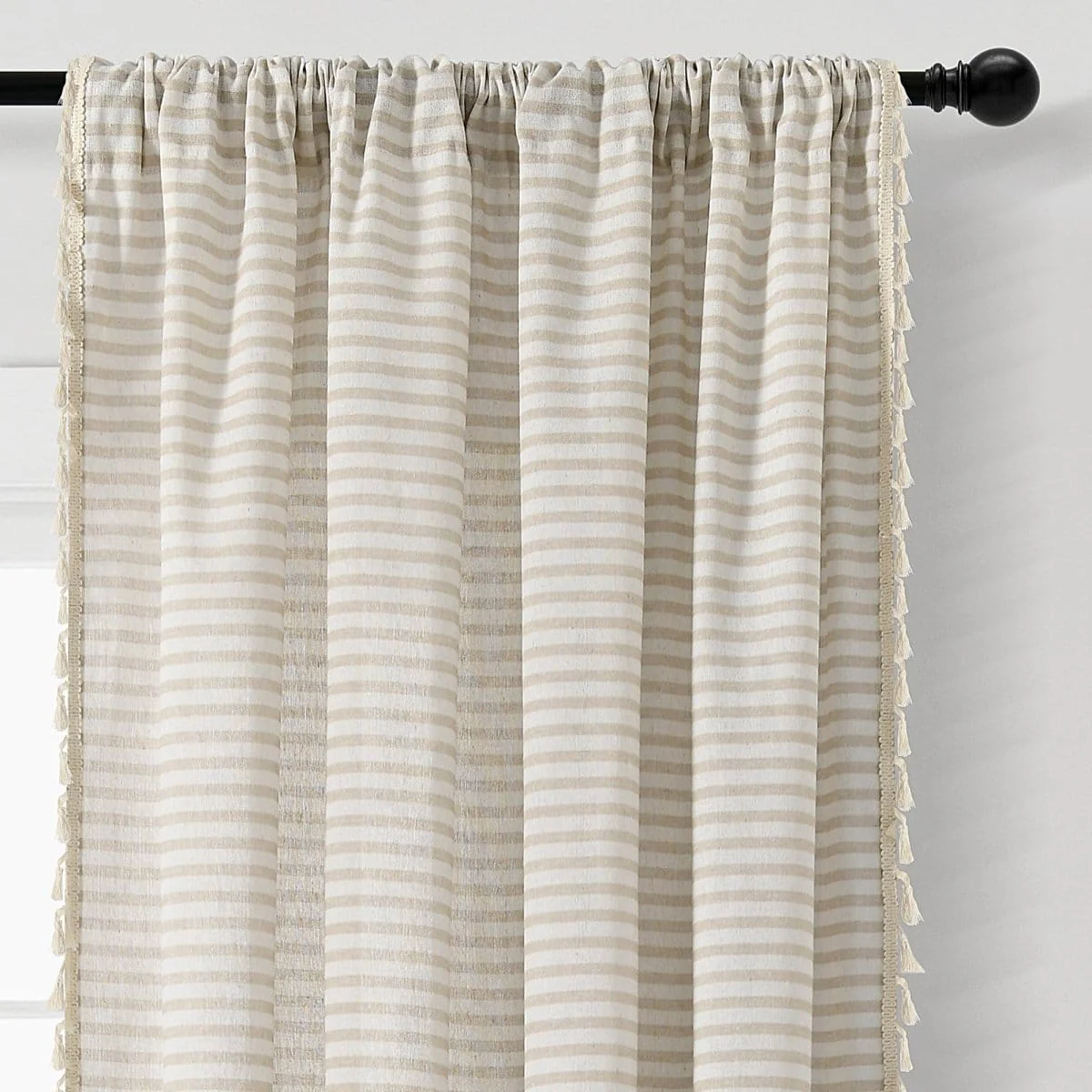 Boho Coastal Horizontal Ticking Stripe Tassel Window Curtain Panel Set - Image 17