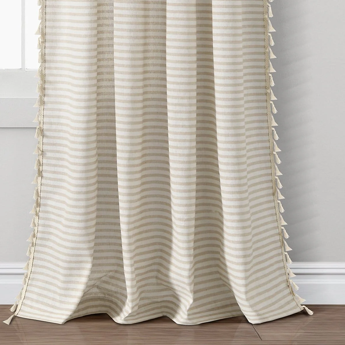 Boho Coastal Horizontal Ticking Stripe Tassel Window Curtain Panel Set - Image 19