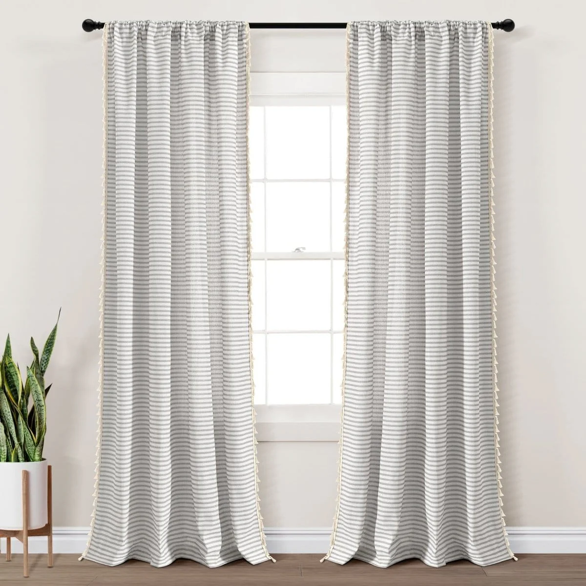 Boho Coastal Horizontal Ticking Stripe Tassel Window Curtain Panel Set - Image 2