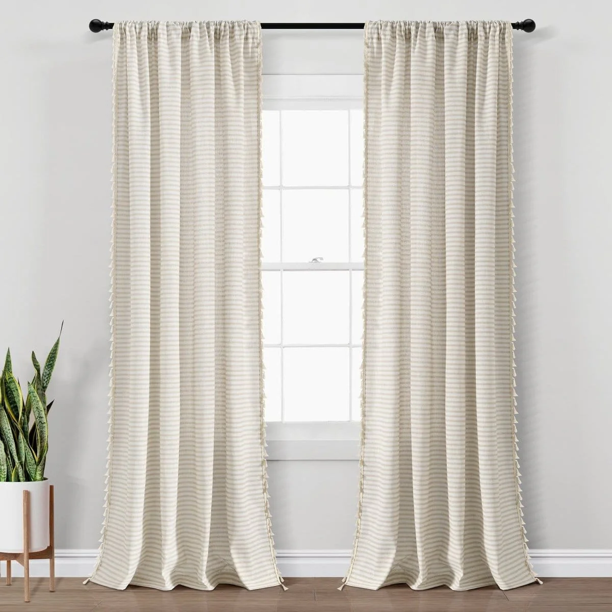 Boho Coastal Horizontal Ticking Stripe Tassel Window Curtain Panel Set - Image 3