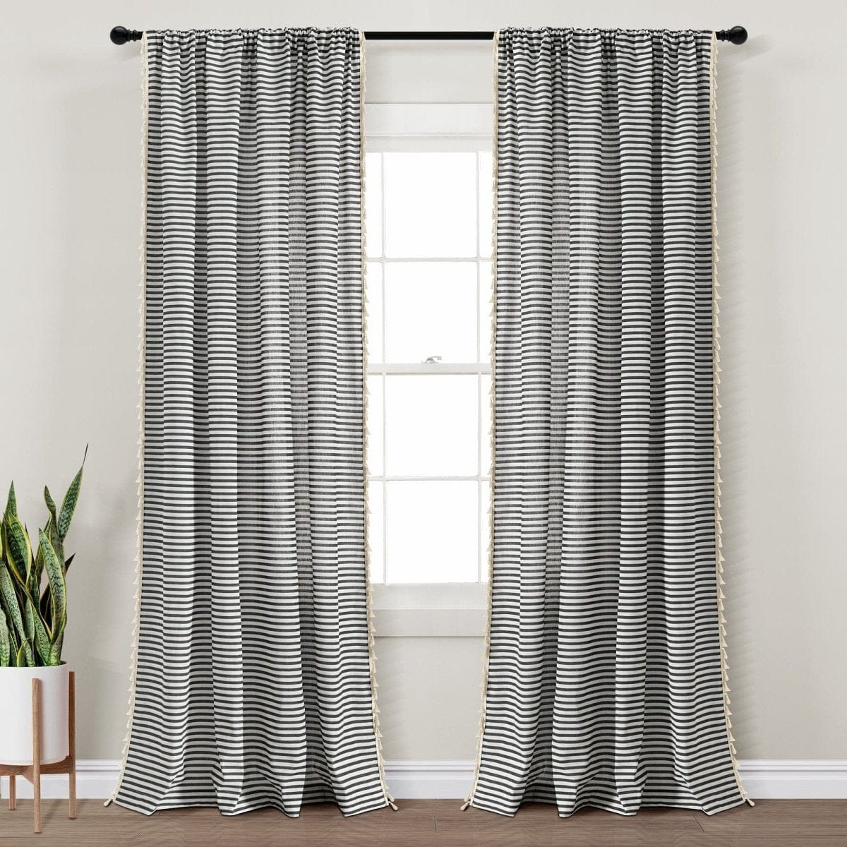 Boho Coastal Horizontal Ticking Stripe Tassel Window Curtain Panel Set - Image 4