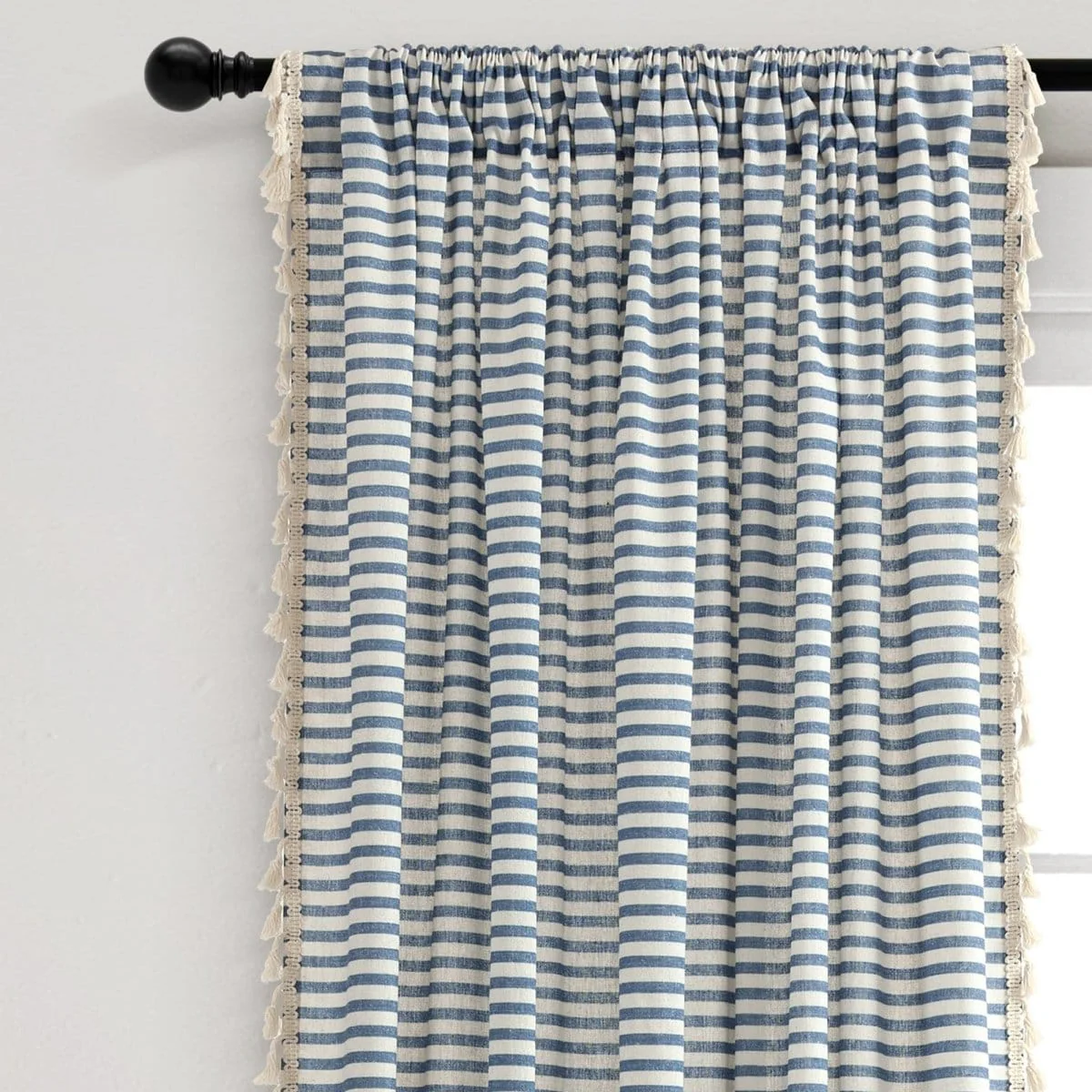 Boho Coastal Horizontal Ticking Stripe Tassel Window Curtain Panel Set - Image 5