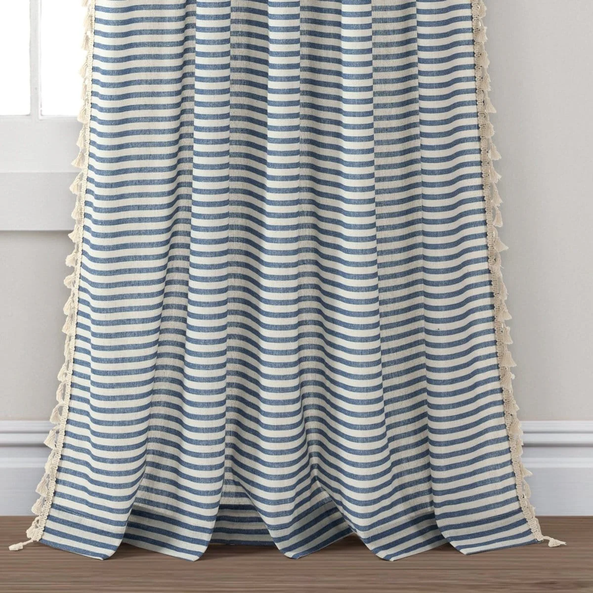 Boho Coastal Horizontal Ticking Stripe Tassel Window Curtain Panel Set - Image 7
