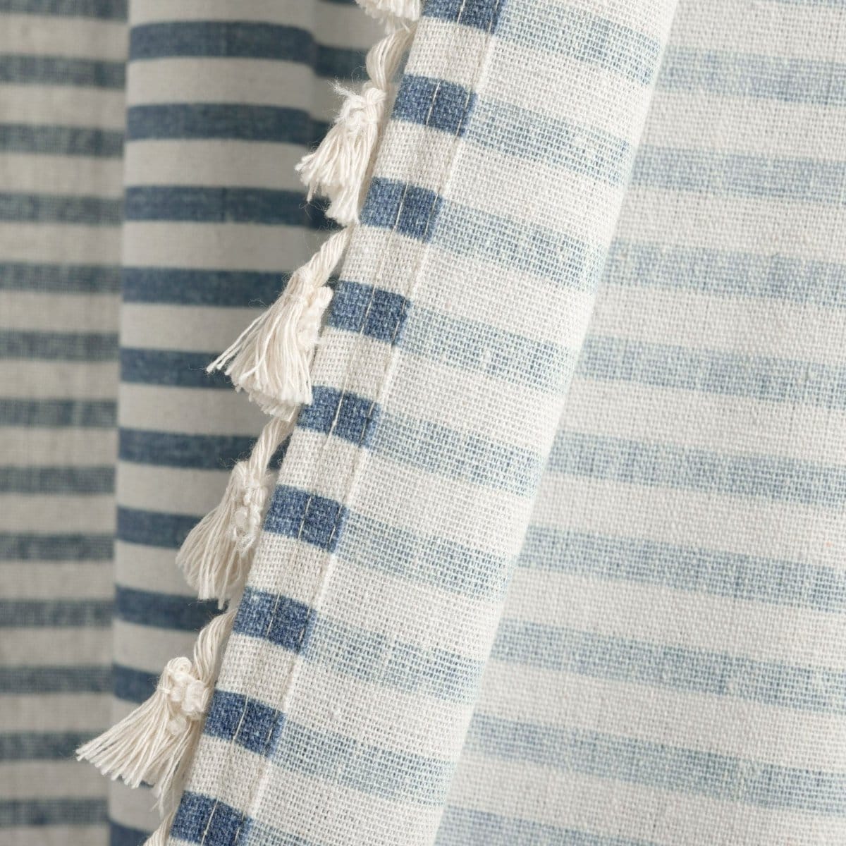 Boho Coastal Horizontal Ticking Stripe Tassel Window Curtain Panel Set - Image 8