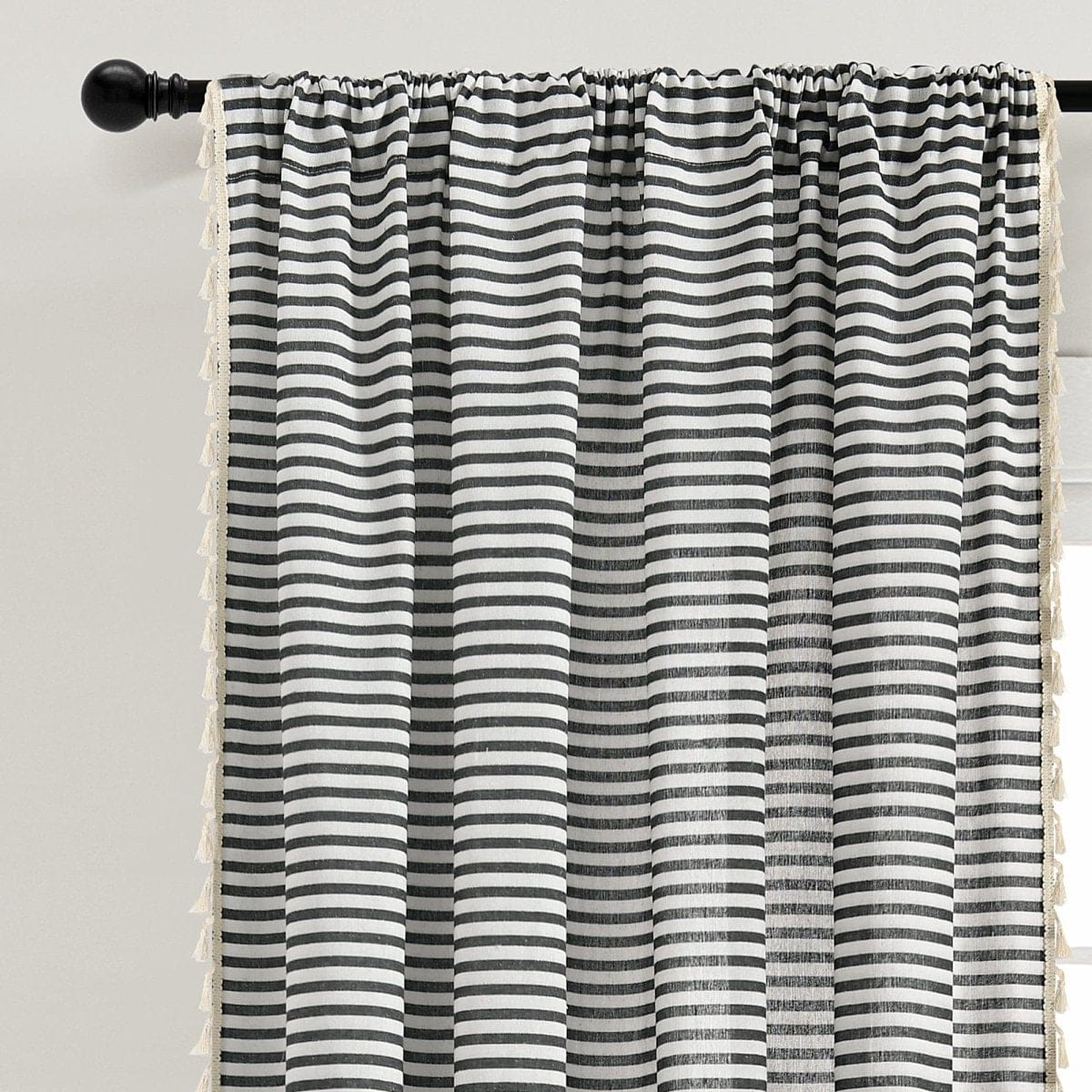 Boho Coastal Horizontal Ticking Stripe Tassel Window Curtain Panel Set - Image 9