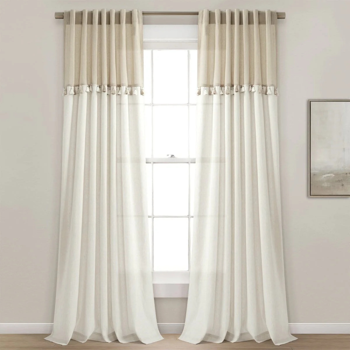 Boho Faux Linen Tassel Color Block Window Curtain Panel Set - Image 2