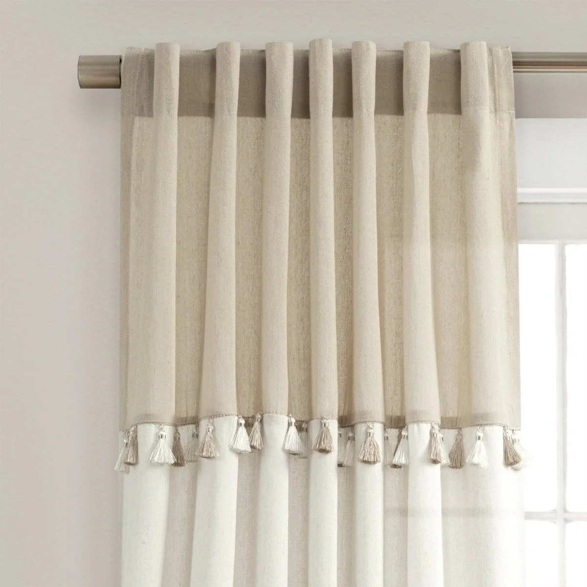 Boho Faux Linen Tassel Color Block Window Curtain Panel Set - Image 7