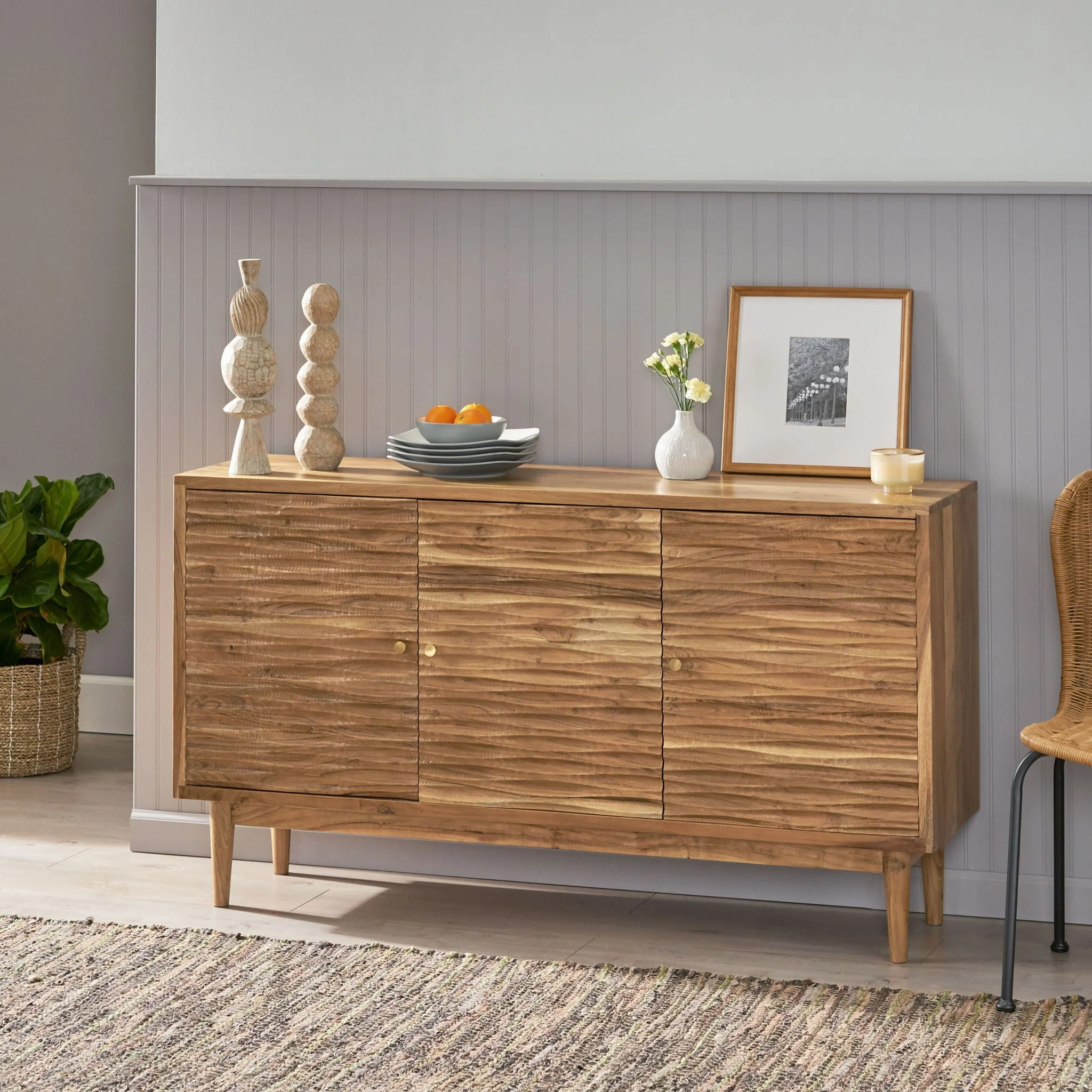 Boho Handcrafted 3 Door Sideboard, Carved Texture & Artisanal Charm - Natural - Image 2