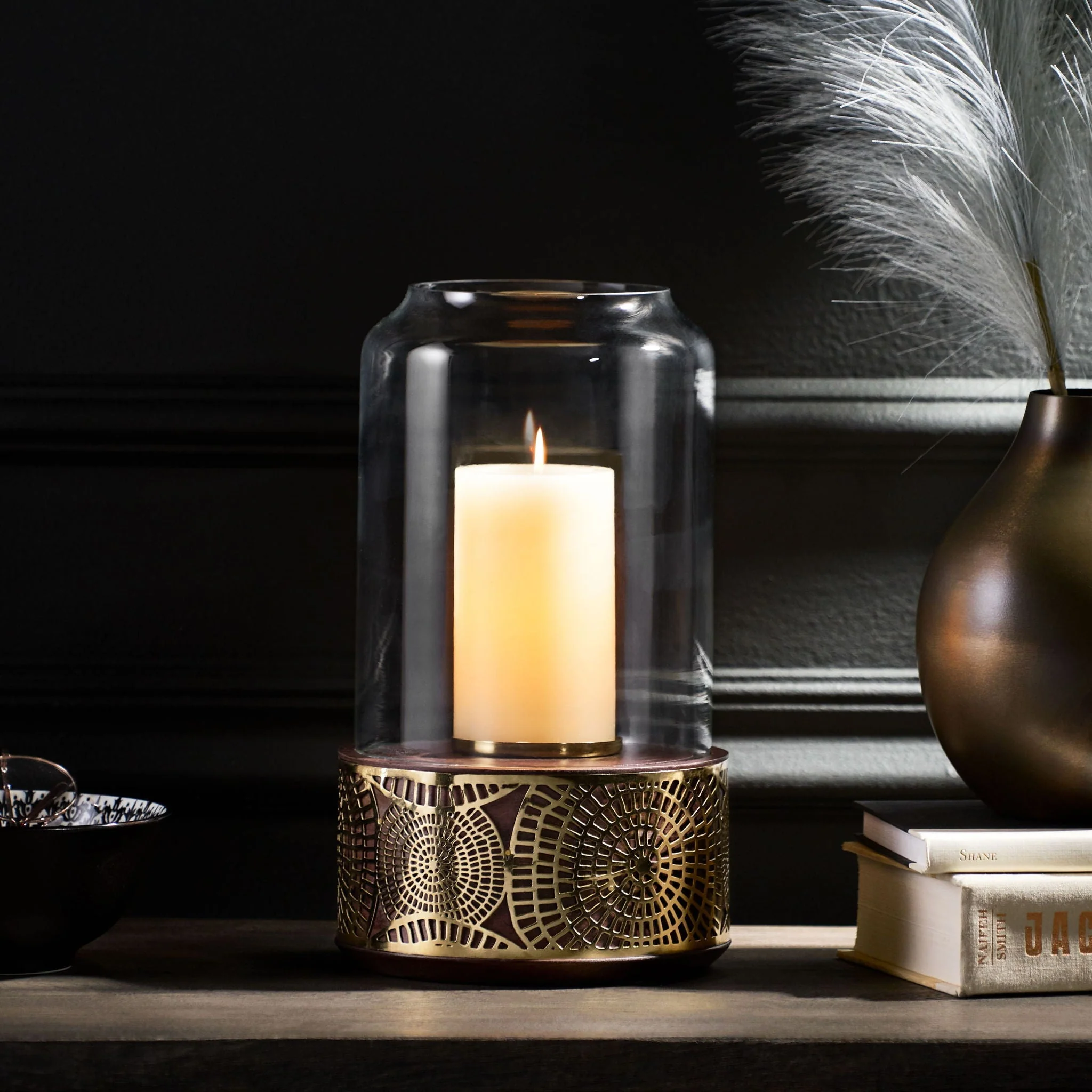 Boho Handcrafted Mango Wood Hurricane Candle Holder with Tempered Glass and Metal Accents - Image 2