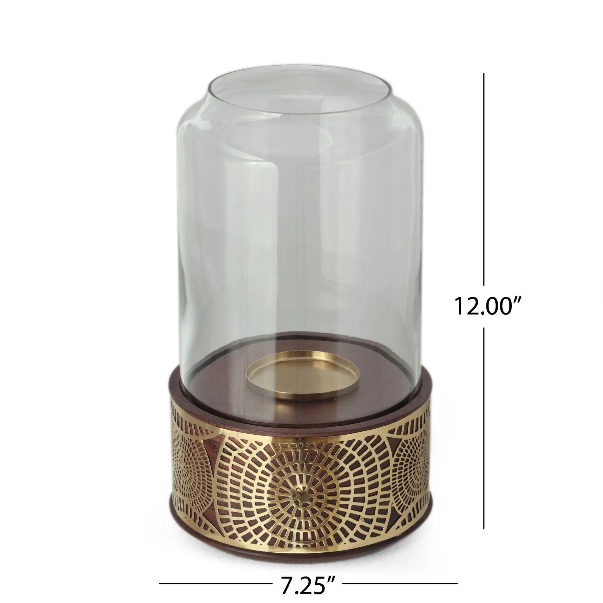 Boho Handcrafted Mango Wood Hurricane Candle Holder with Tempered Glass and Metal Accents - Image 3