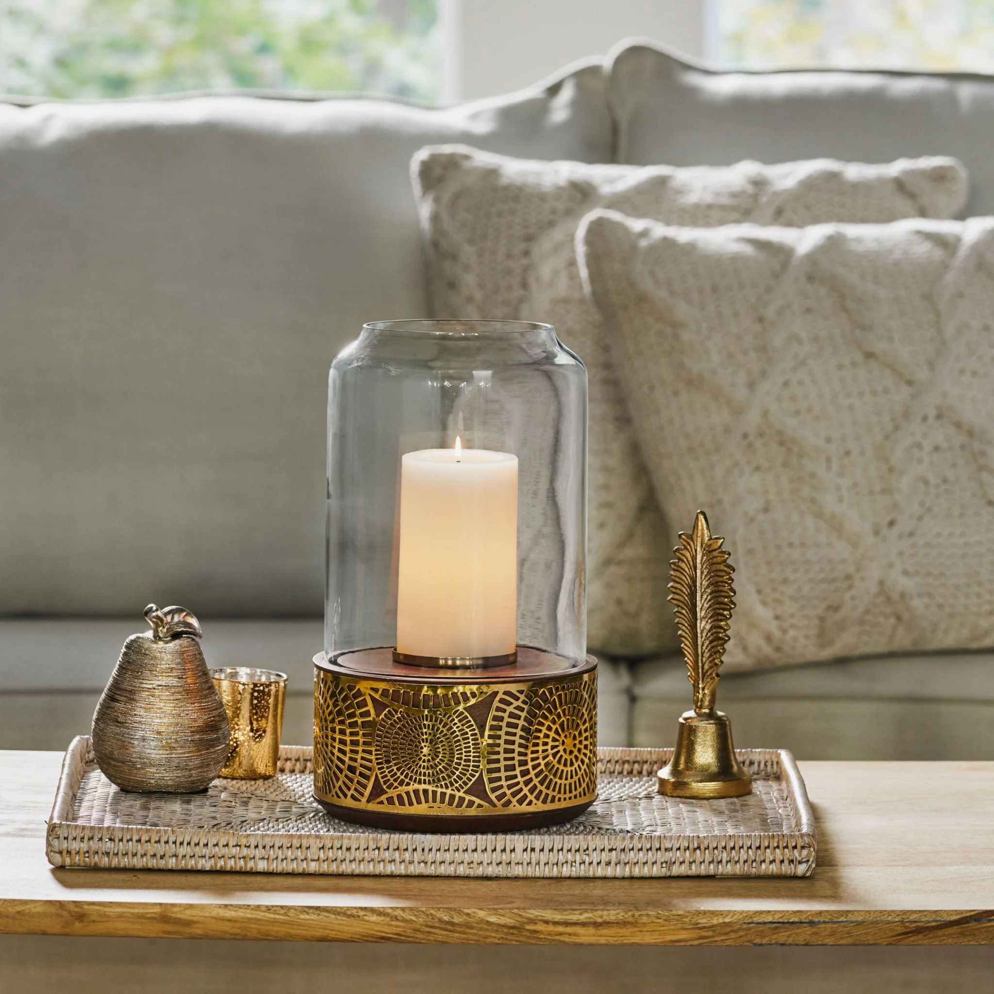 Boho Handcrafted Mango Wood Hurricane Candle Holder with Tempered Glass and Metal Accents - Image 4