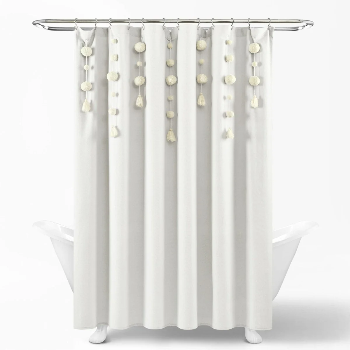 Boho Pom Pom Tassel Faux Linen Shower Curtain - Image 16