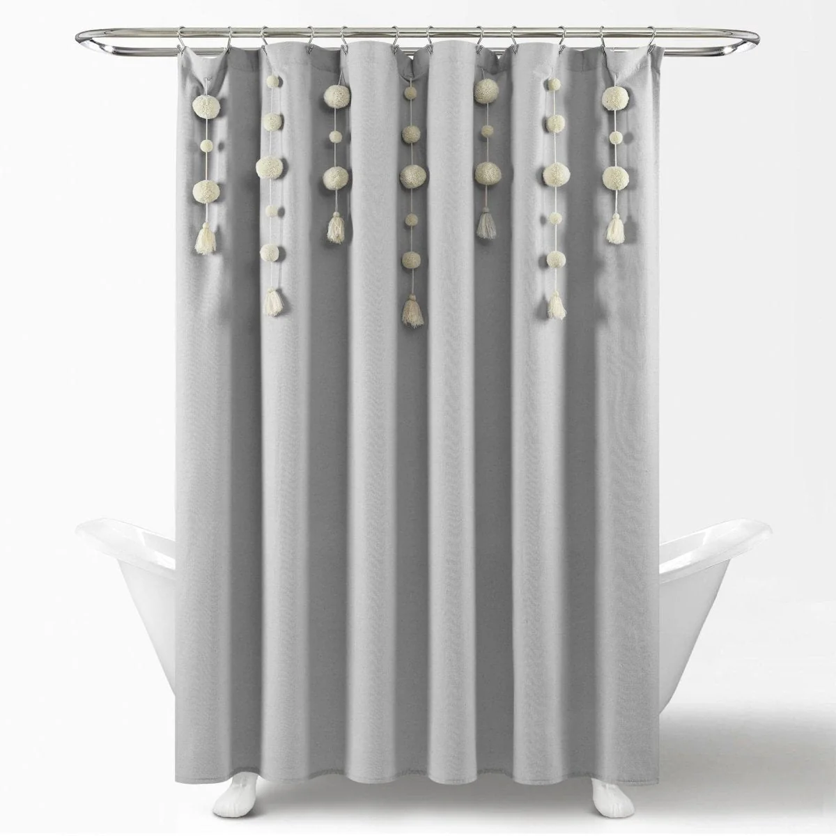 Boho Pom Pom Tassel Faux Linen Shower Curtain - Image 17