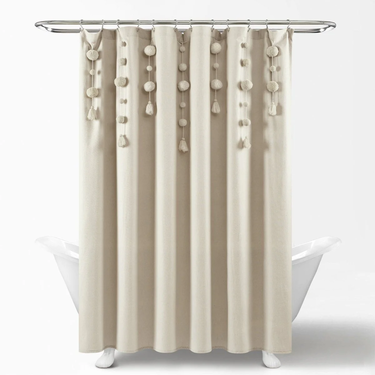 Boho Pom Pom Tassel Faux Linen Shower Curtain - Image 18
