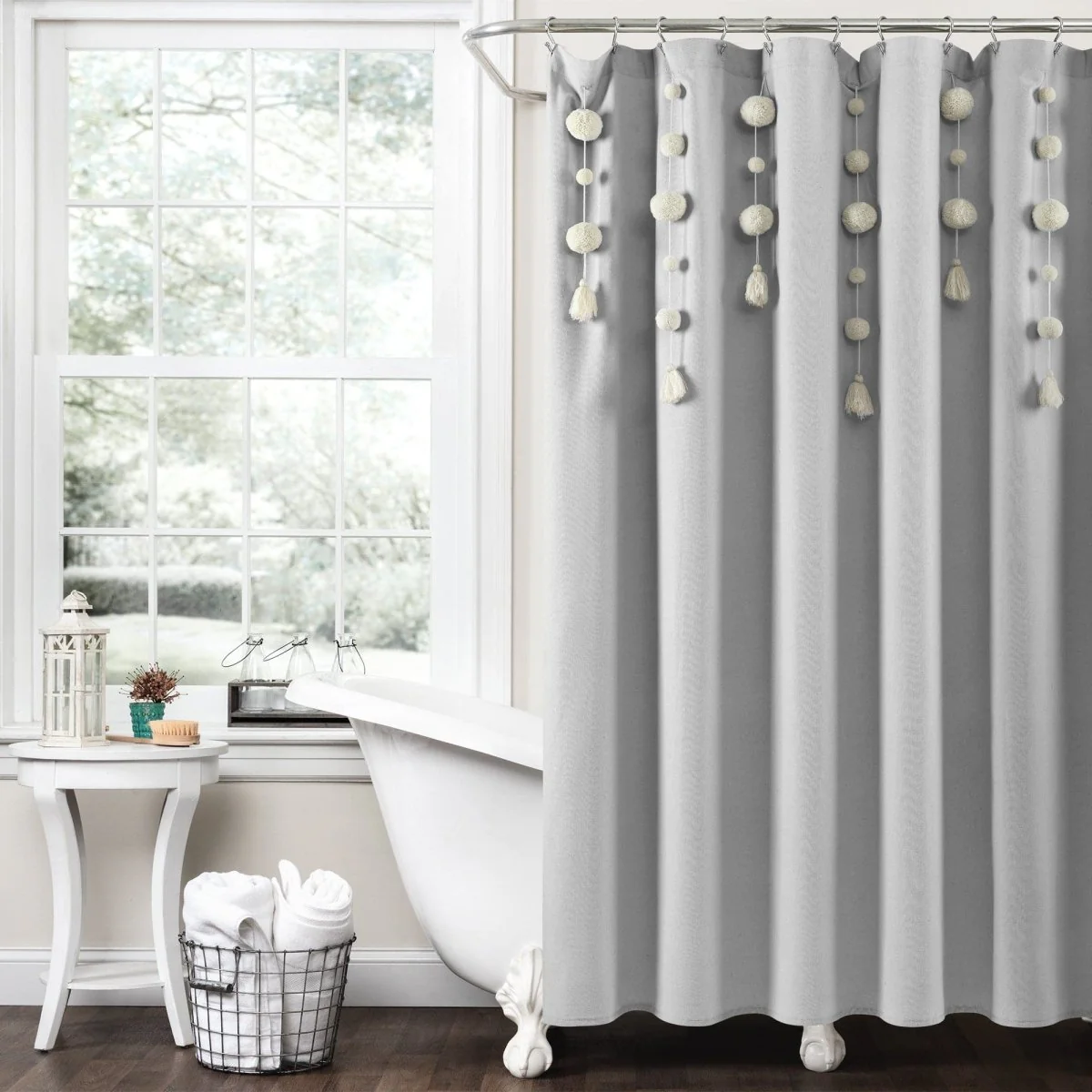 Boho Pom Pom Tassel Faux Linen Shower Curtain - Image 2
