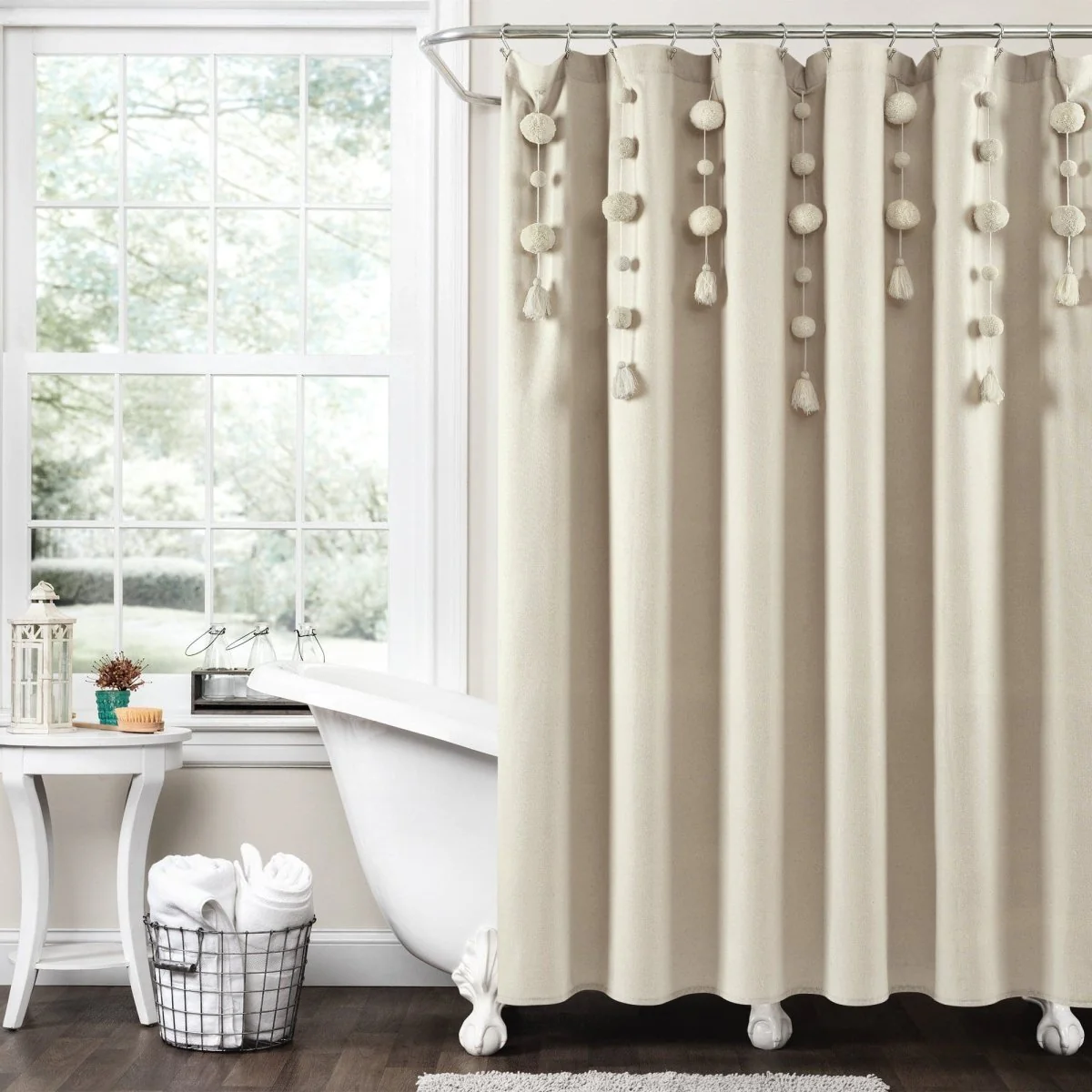 Boho Pom Pom Tassel Faux Linen Shower Curtain - Image 3