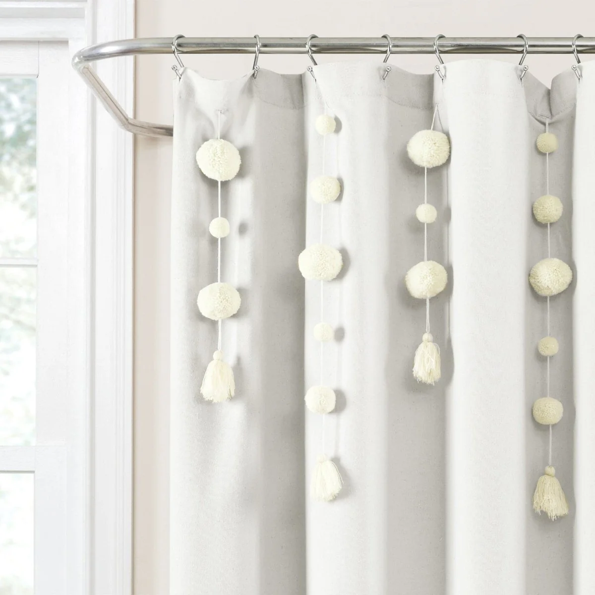 Boho Pom Pom Tassel Faux Linen Shower Curtain - Image 4