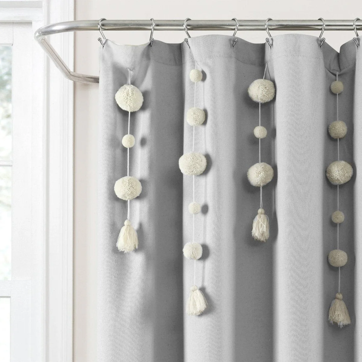 Boho Pom Pom Tassel Faux Linen Shower Curtain - Image 5