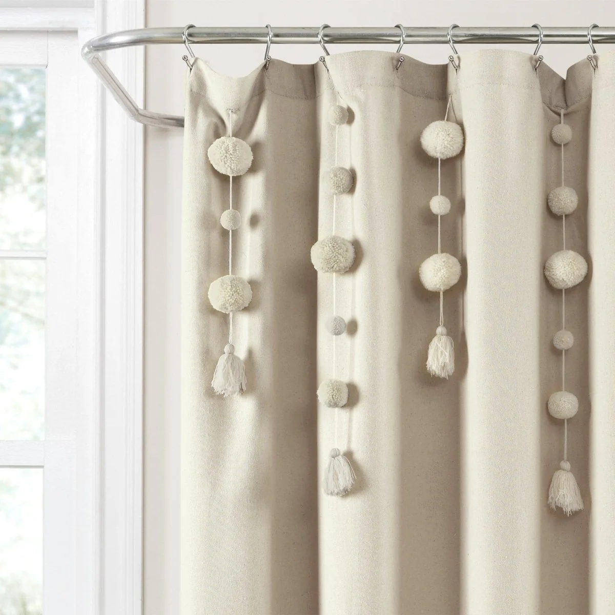 Boho Pom Pom Tassel Faux Linen Shower Curtain - Image 6