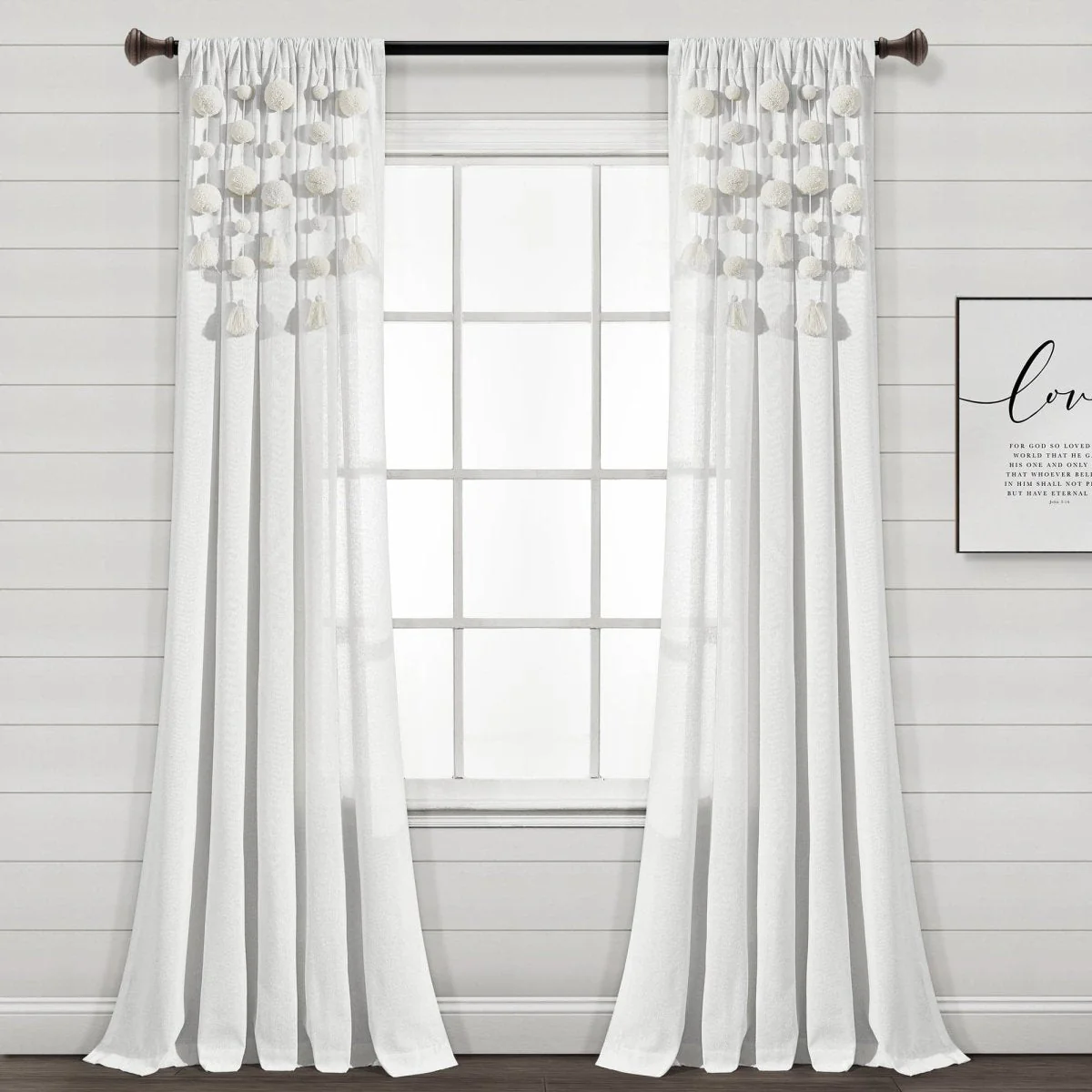 Boho Pom Pom Tassel Faux Linen Window Curtain Panel - Image 16