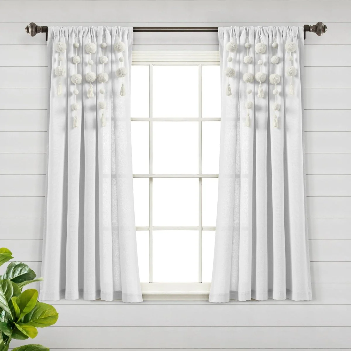 Boho Pom Pom Tassel Faux Linen Window Curtain Panel - Image 17