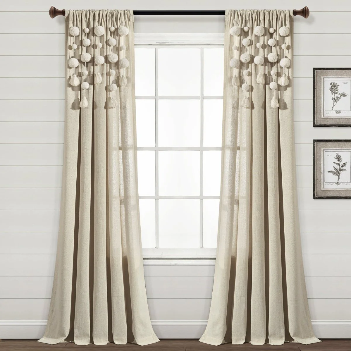 Boho Pom Pom Tassel Faux Linen Window Curtain Panel - Image 2