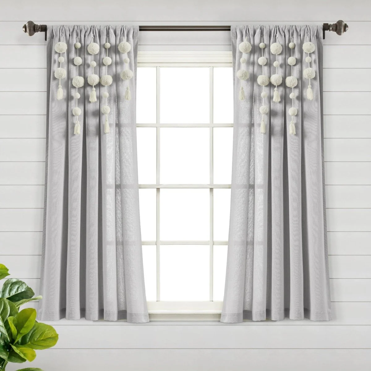 Boho Pom Pom Tassel Faux Linen Window Curtain Panel - Image 3