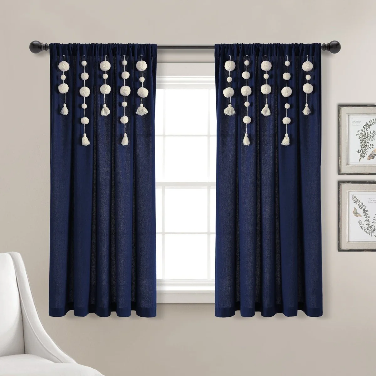 Boho Pom Pom Tassel Faux Linen Window Curtain Panel - Image 35