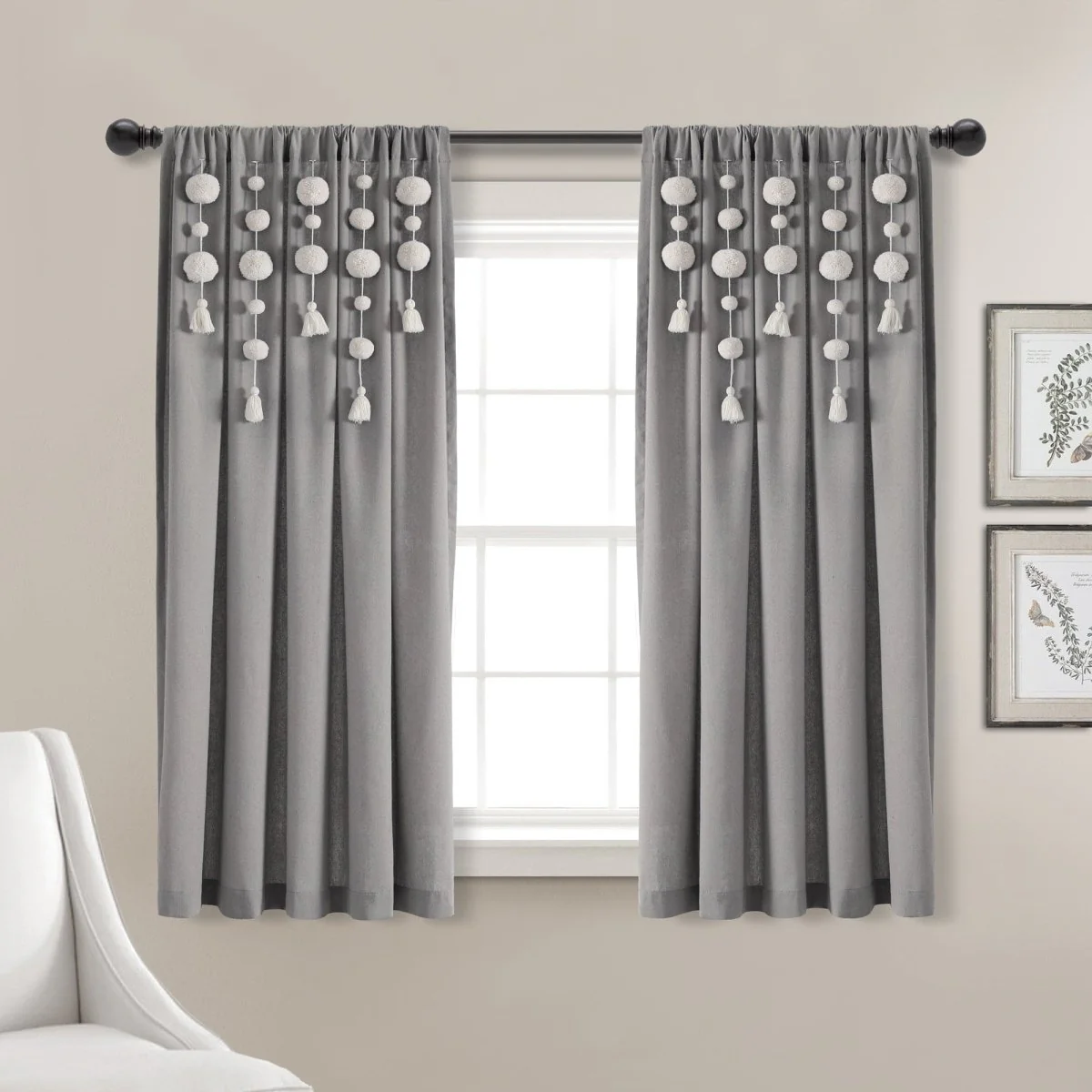 Boho Pom Pom Tassel Faux Linen Window Curtain Panel - Image 42