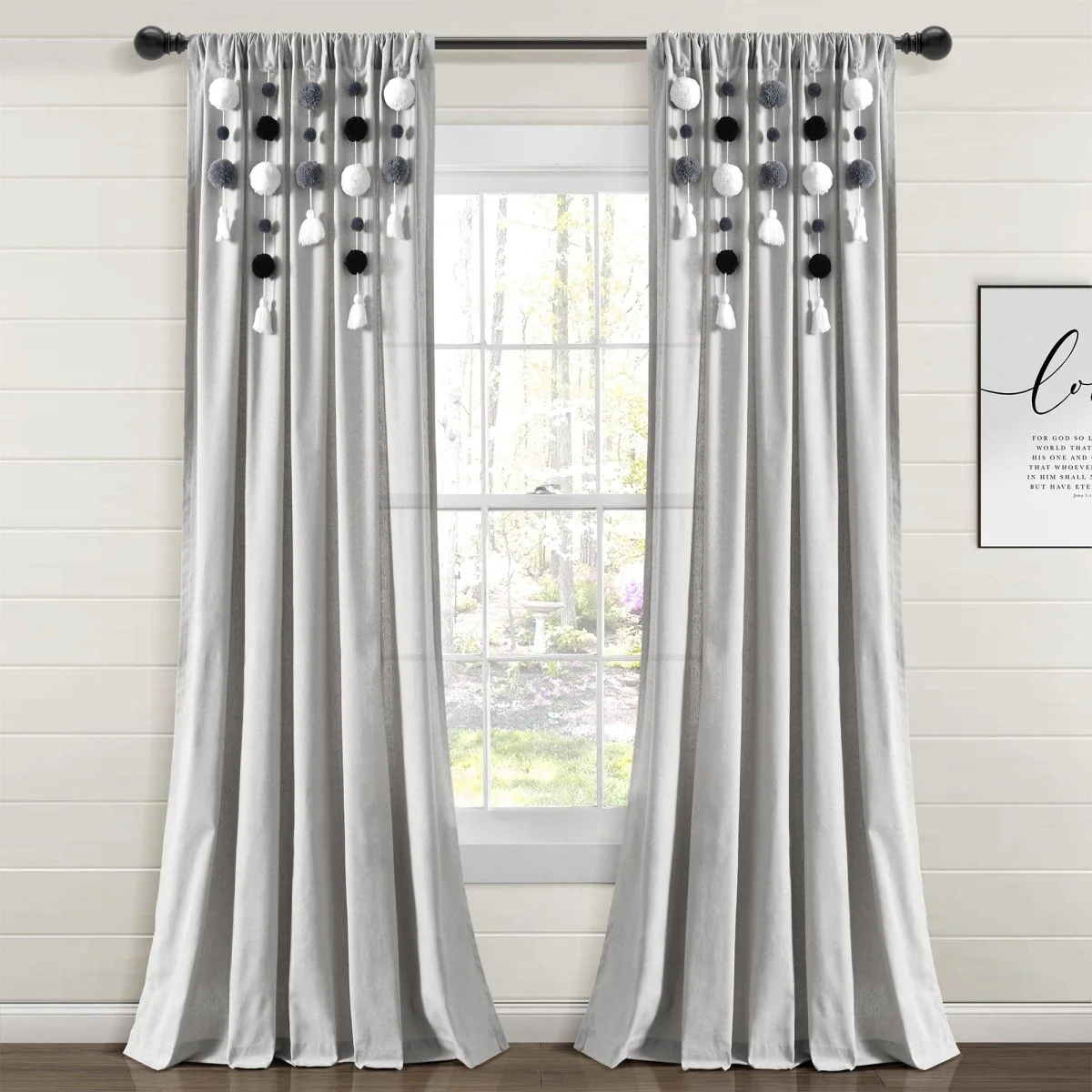 Boho Pom Pom Tassel Faux Linen Window Curtain Panel - Image 56