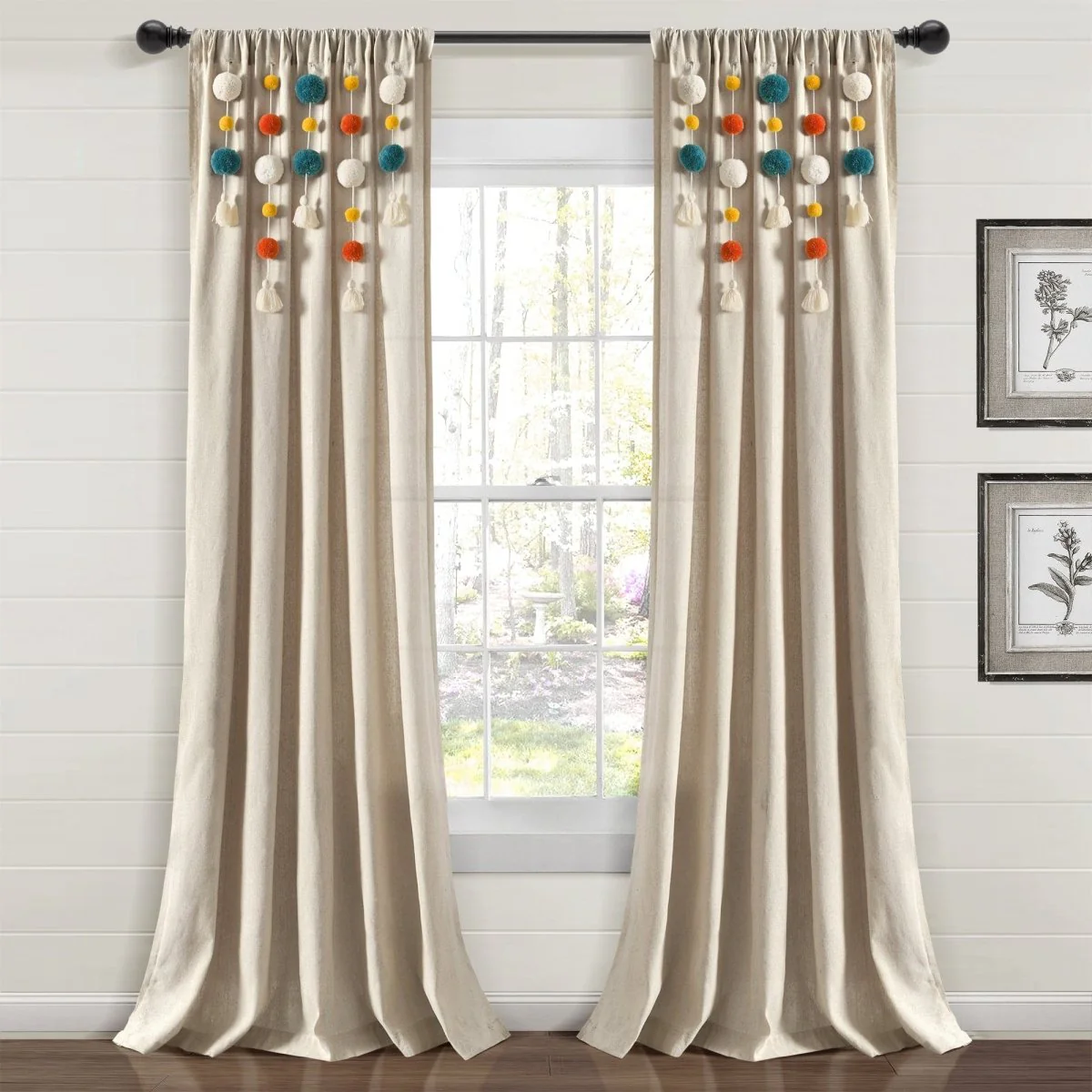 Boho Pom Pom Tassel Faux Linen Window Curtain Panel - Image 63