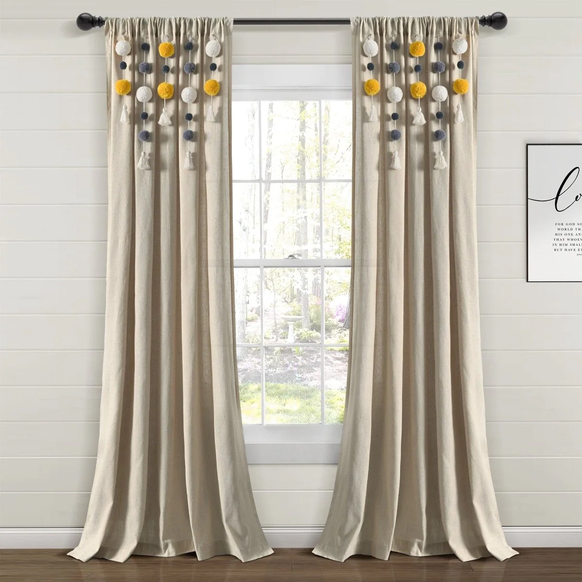 Boho Pom Pom Tassel Faux Linen Window Curtain Panel - Image 69