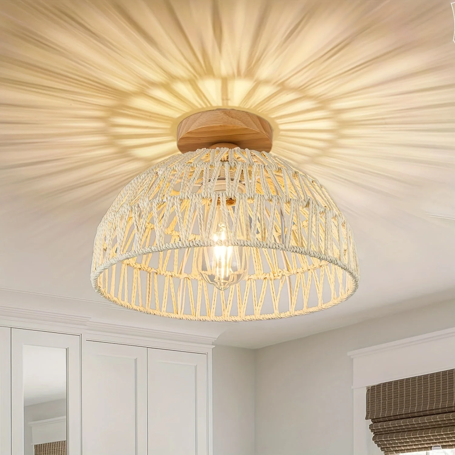 Boho Rattan Ceiling Light Flush Mount Handwoven Pendant Lamp for Bedroom - Image 10