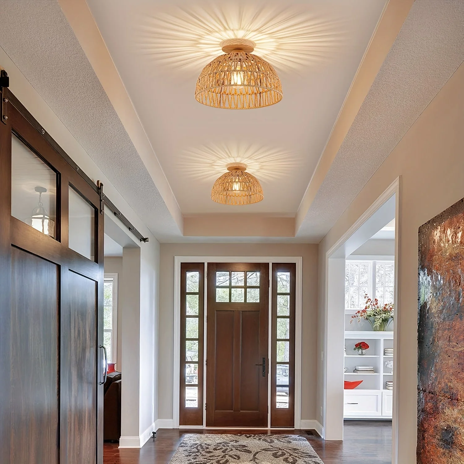 Boho Rattan Ceiling Light Flush Mount Handwoven Pendant Lamp for Bedroom - Image 2
