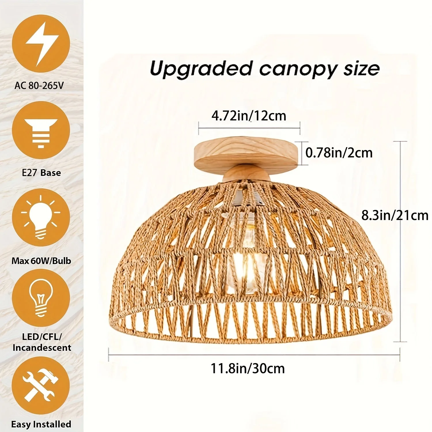 Boho Rattan Ceiling Light Flush Mount Handwoven Pendant Lamp for Bedroom - Image 3