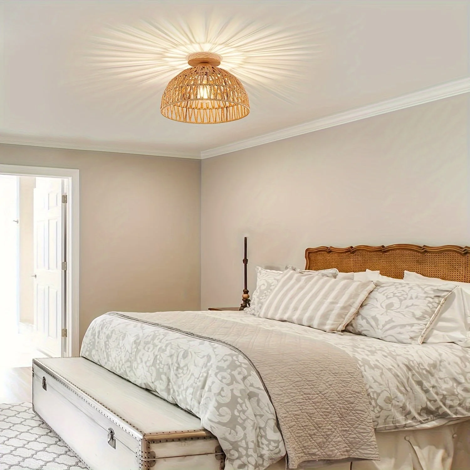 Boho Rattan Ceiling Light Flush Mount Handwoven Pendant Lamp for Bedroom - Image 4